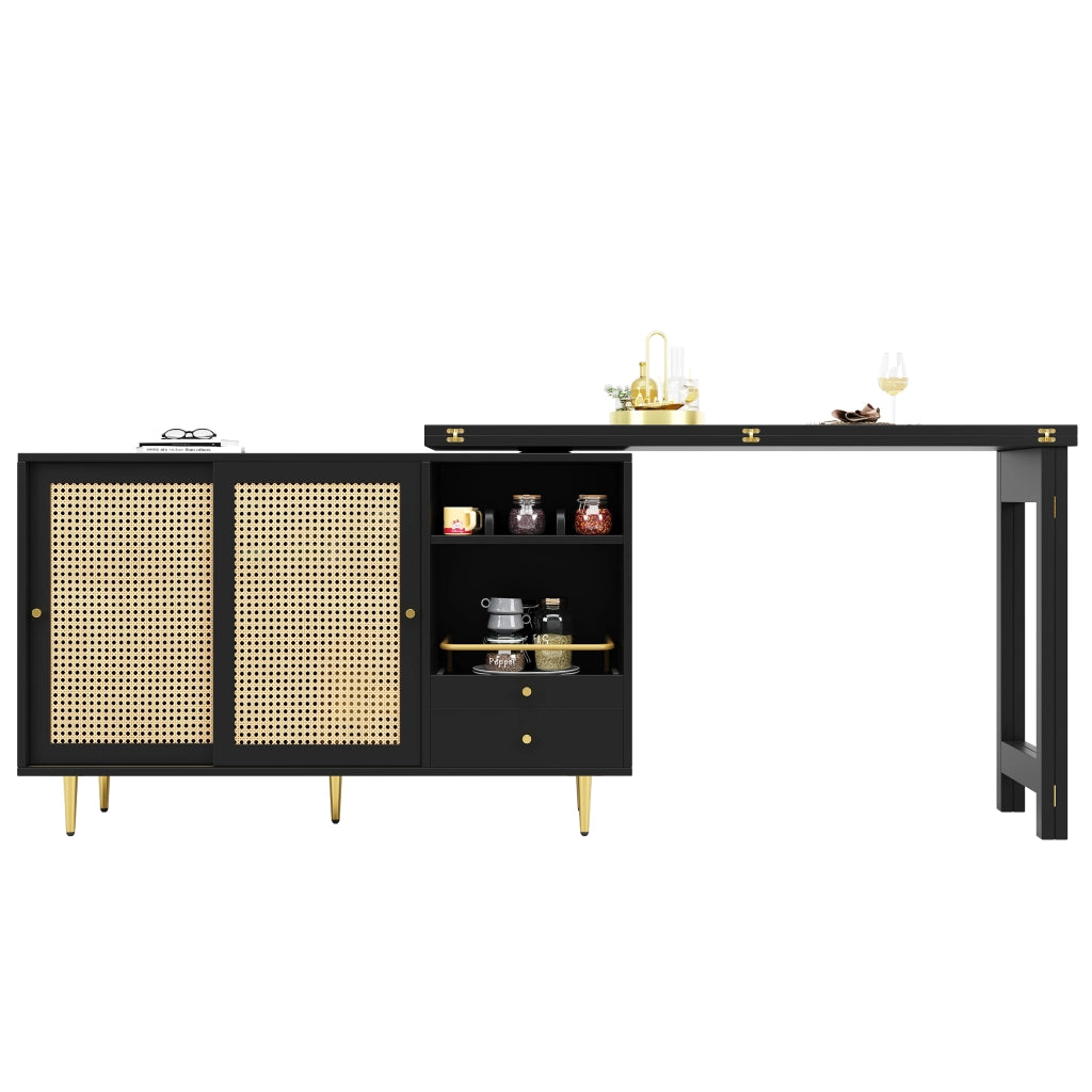 OKWISH Mobile Bar con Anta in Rattan, Cassetto e Ripiani Aperti, Piano Girevole a 360 ed Estensibile, per Cucina
