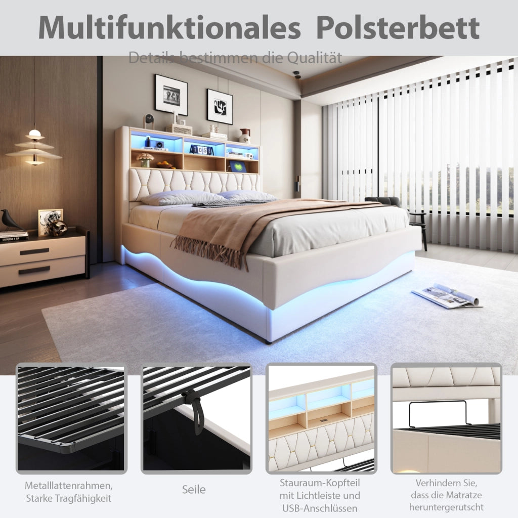 DESMIU Letto contenitore 180 × 200 cm 2 posti con LED, USB, vano contenitore idraulico e ripiano, senza materasso, beige