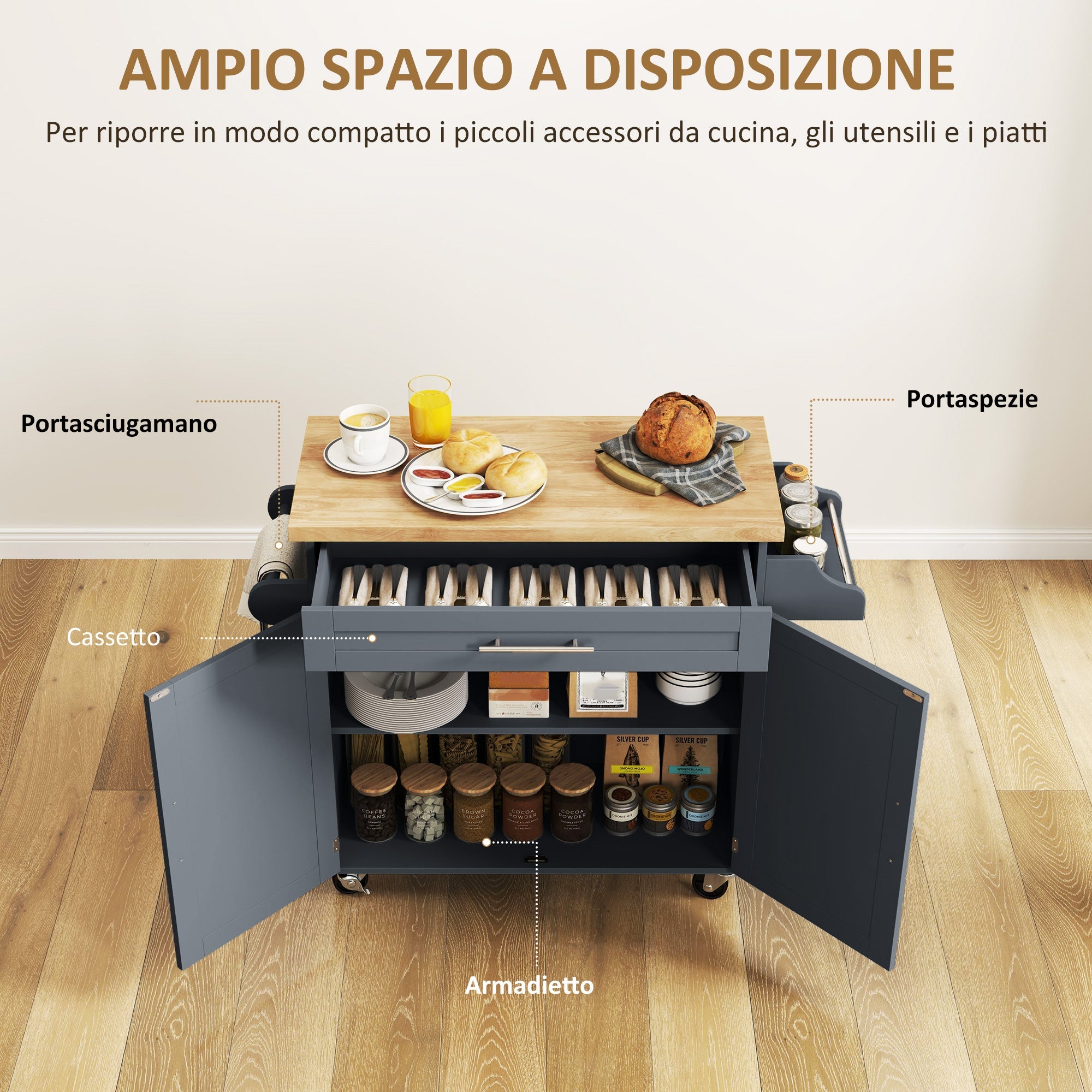 Carrello da Cucina con Cassetto, Portaspezie e Armadietto 109x40x89 cm Grigio e Color Legno
