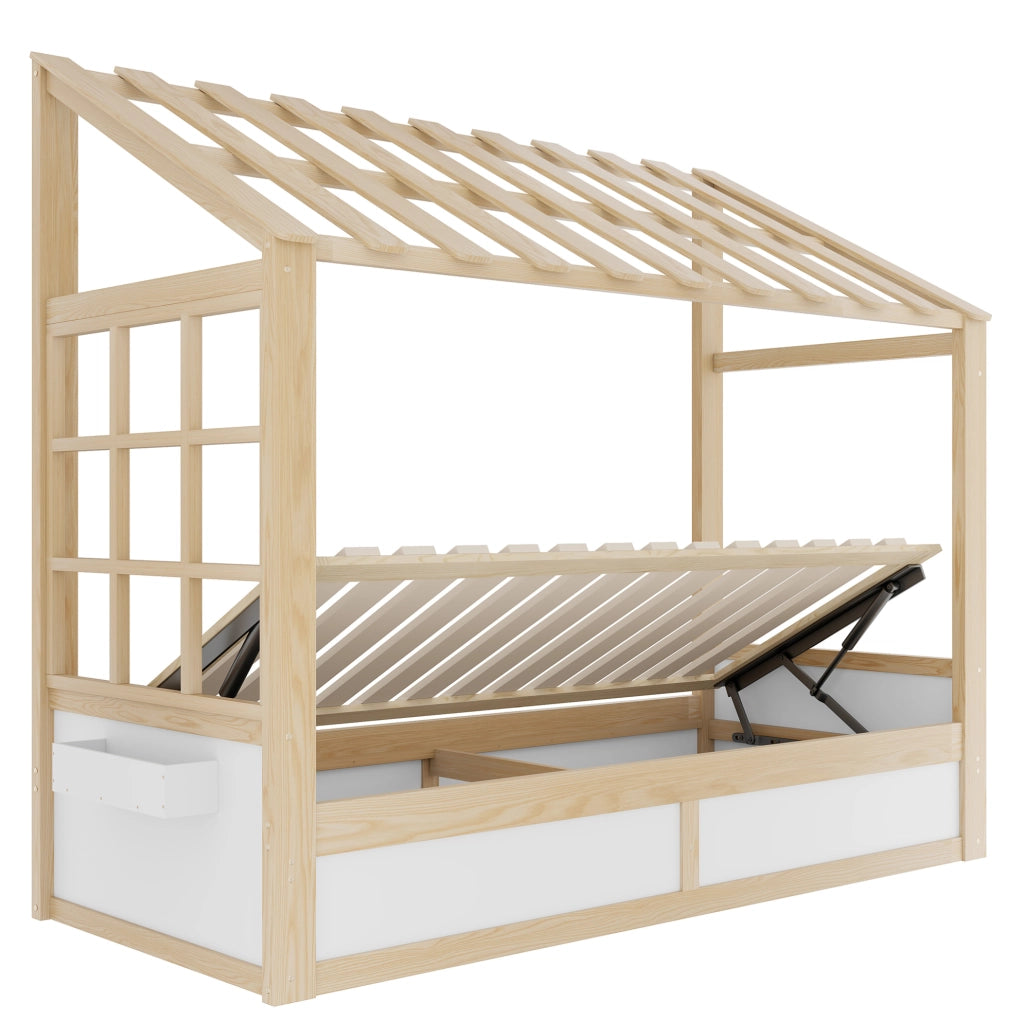 Letto per bambini 90x200 cm con contenitore idraulico e vani laterali in legno bianco e colore naturale