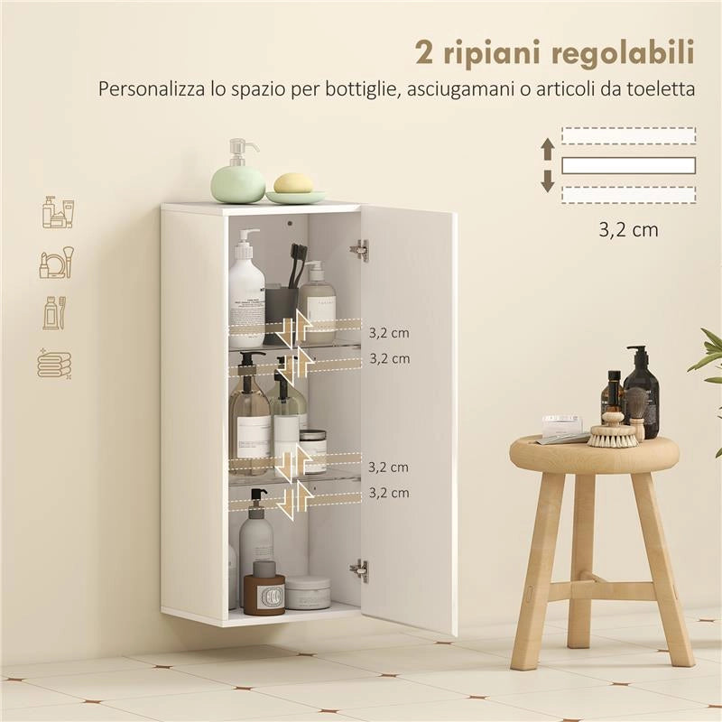 MOBILETTO BAGNO PENSILE CON 2 RIPIANI IN VETRO REGOLABILI E ANTA SENZA MANIGLIA, BIANCO LUCIDO