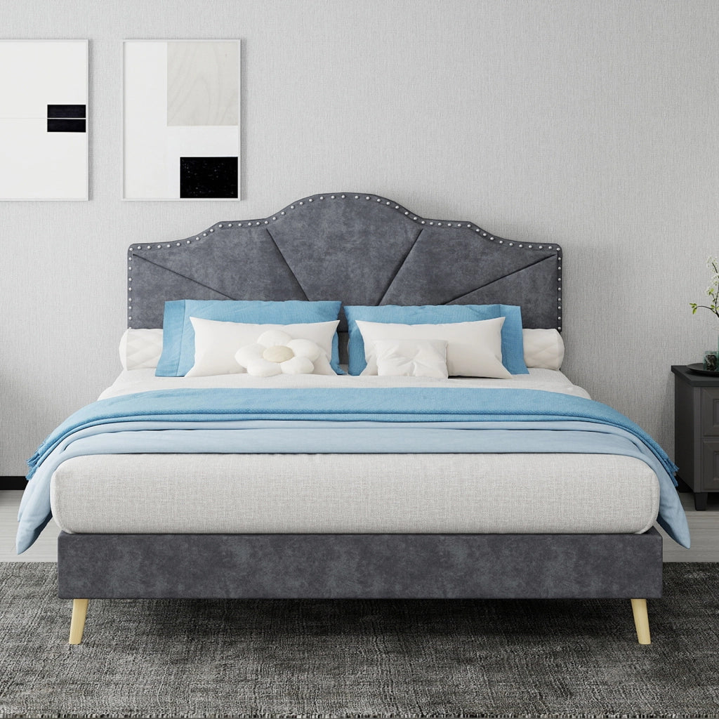 Letto matrimoniale imbottito con testiera geometrica 140x200 cm; grigio