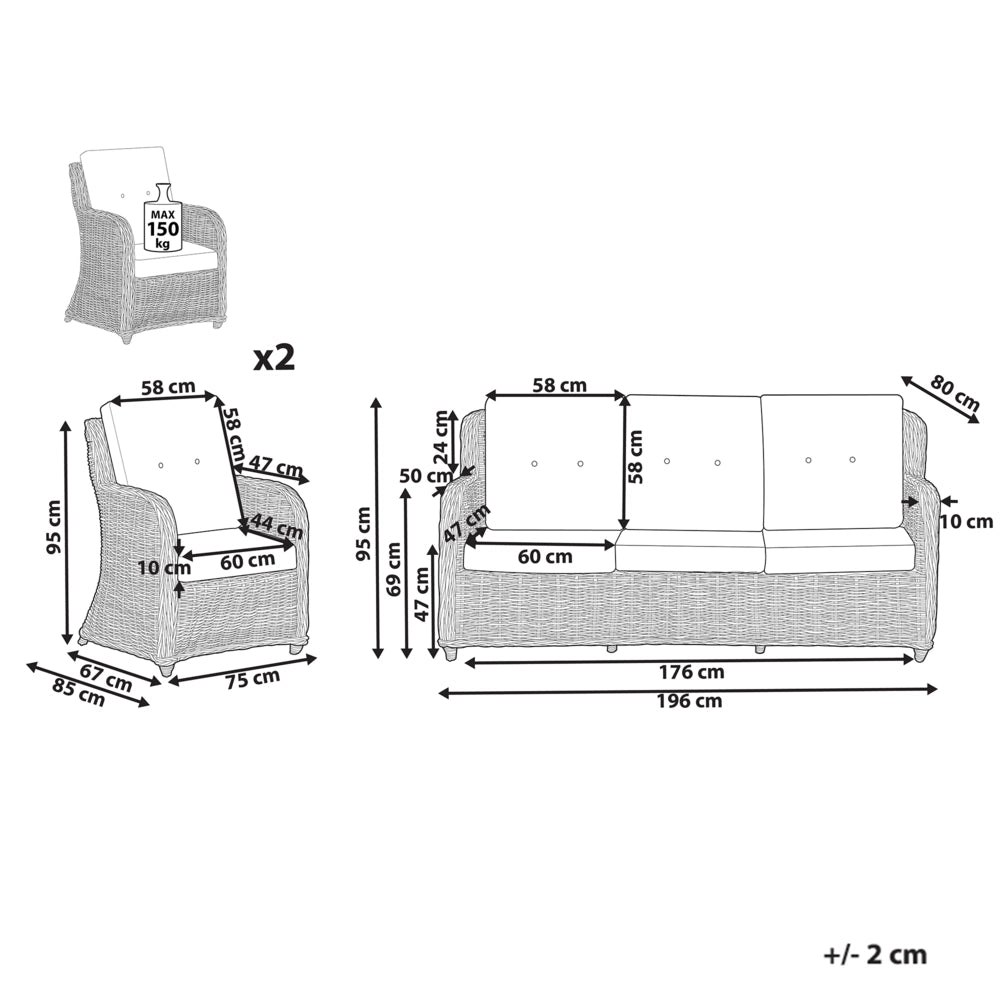 Set da giardino in rattan naturale divano a 3 posti 2 poltrone cuscini bianchi elegante chic esterno