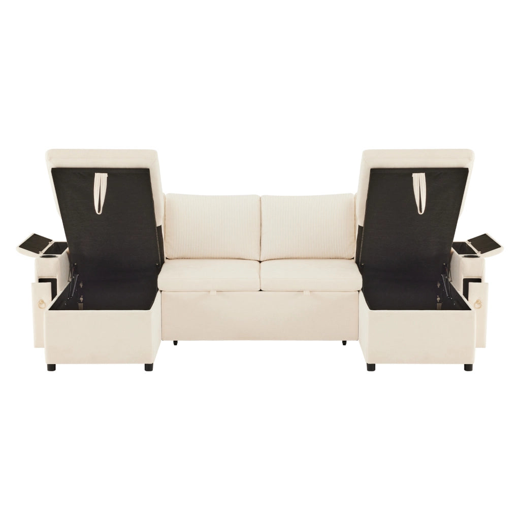 Divano letto modulare ULEVR a U 272x131x84 cm, 4 posti, con contenitore e portabicchieri, beige