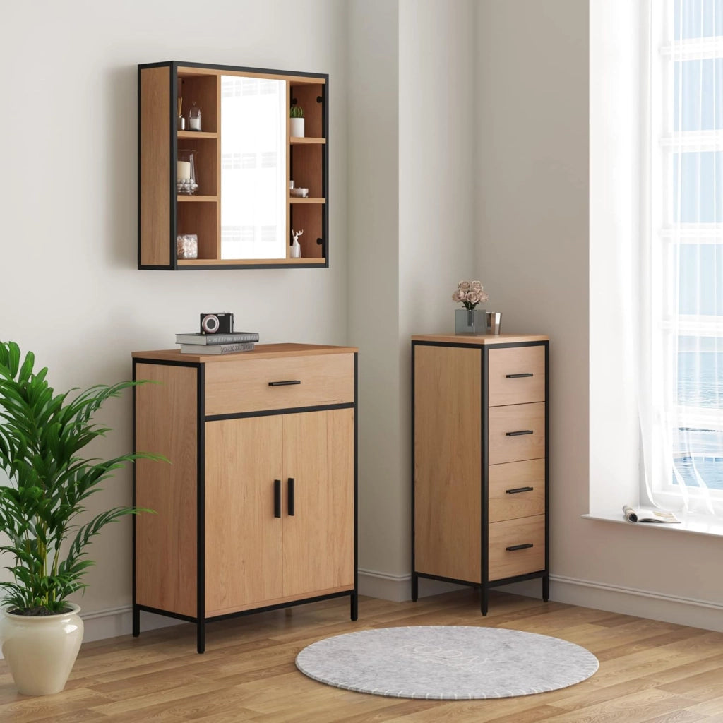 Mobile per Bagno da Terra, Armadietto da Bagno a 2 Ante in Legno e Metallo, Mobiletto Salvaspazio con Cassetto e Ripiano Regolabile, Stile Industriale, Marrone e Nero, 60x30x80 cm