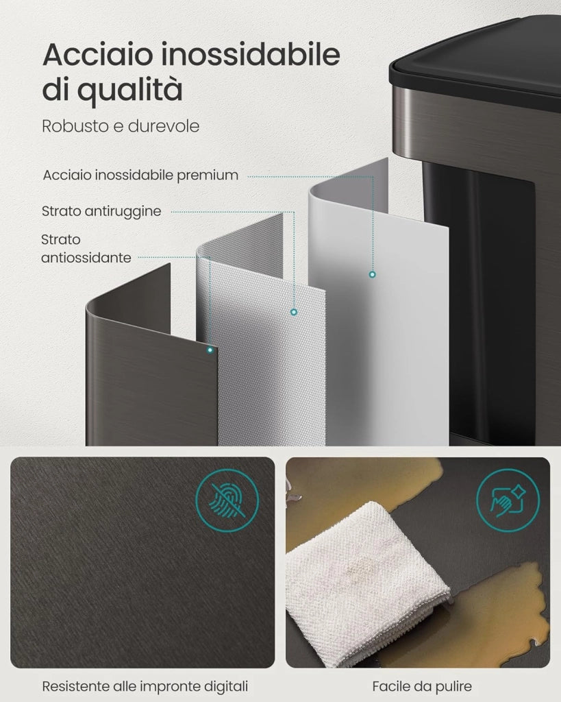 SONGMICS Cestino da Cucina, 2 x 30 L, 2 Scomparti, Pattumiera a Pedale con Coperchio a Chiusura Morbida e Secchio Interno, Acciaio Inossidabile, 15 Sacchi Inclusi, Grigio Ardesia LTB741G01