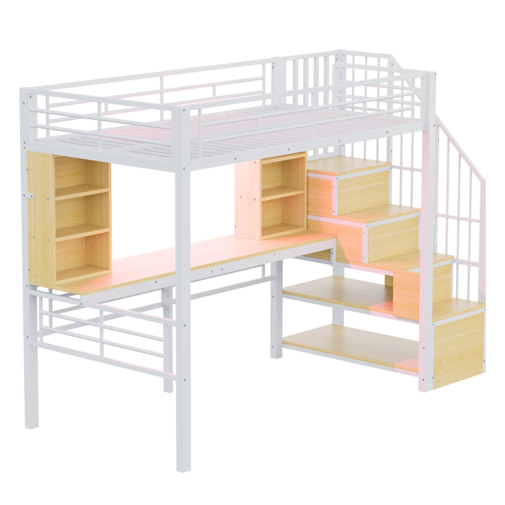 Letto a soppalco multifunzione 90x200 cm con scrivania, scale contenitore, LED multicolore e presa europea, struttura in metallo, bianco