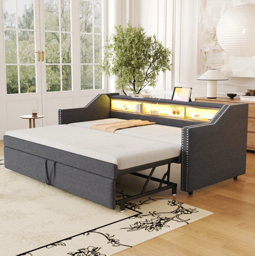 Divano letto imbottito estraibile 90/180x190 cm con LED e USB