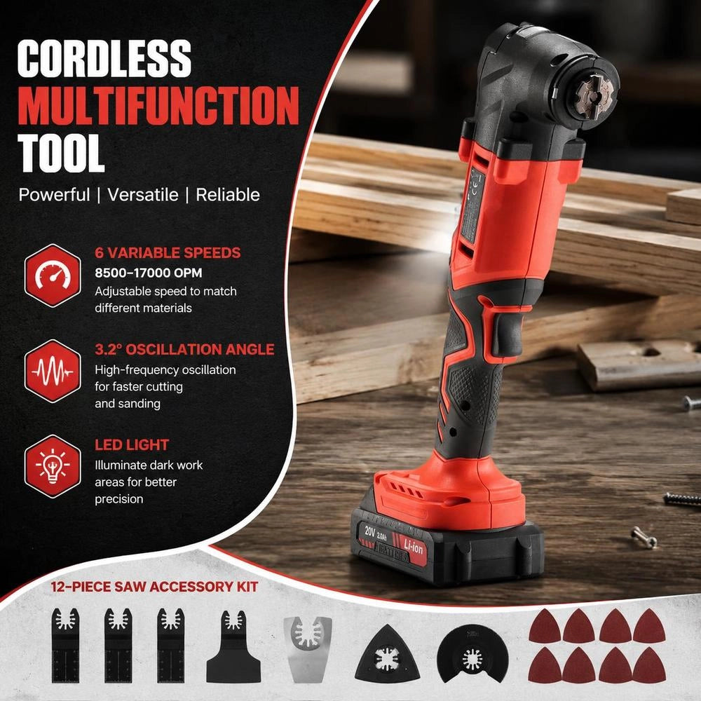 Cordless Oscillating Tool, 20V Oscillating Multi Tool Kit With 6 Variable Speeds 8500 - 17000 OPM, 3.2° Oscillating Angle, 2.0Ah Battery Pack & Charger, 12PCS Saw Accessories & LED Work Light