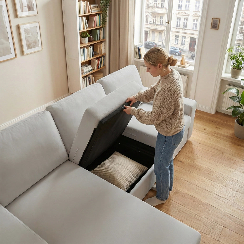 Divano angolare con 4 vani contenitori e chaise longue reversibile in poliestere grigio chiaro 245,5 cm