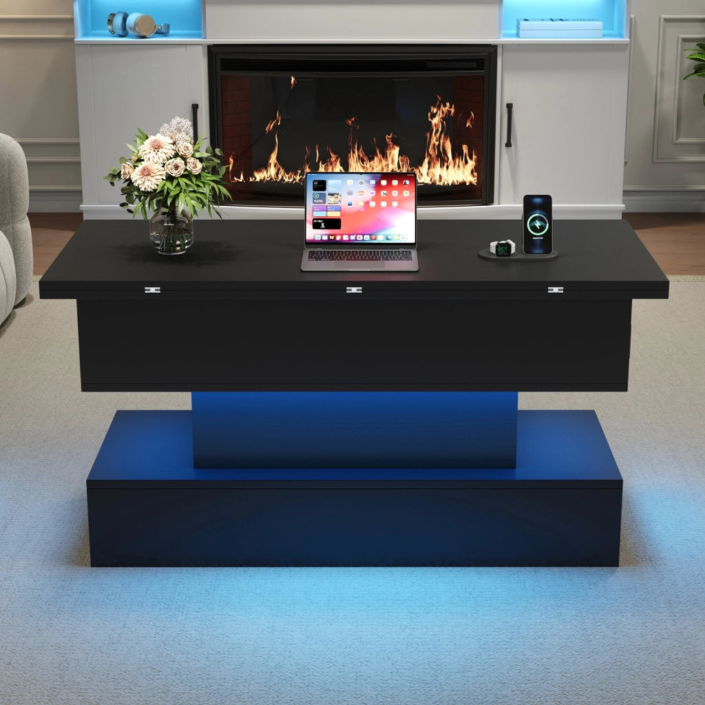 Tavolino da salotto alzabile 100x50x51,5 cm nero con LED, presa laterale, ricarica USB, vano contenitore e piano regolabile