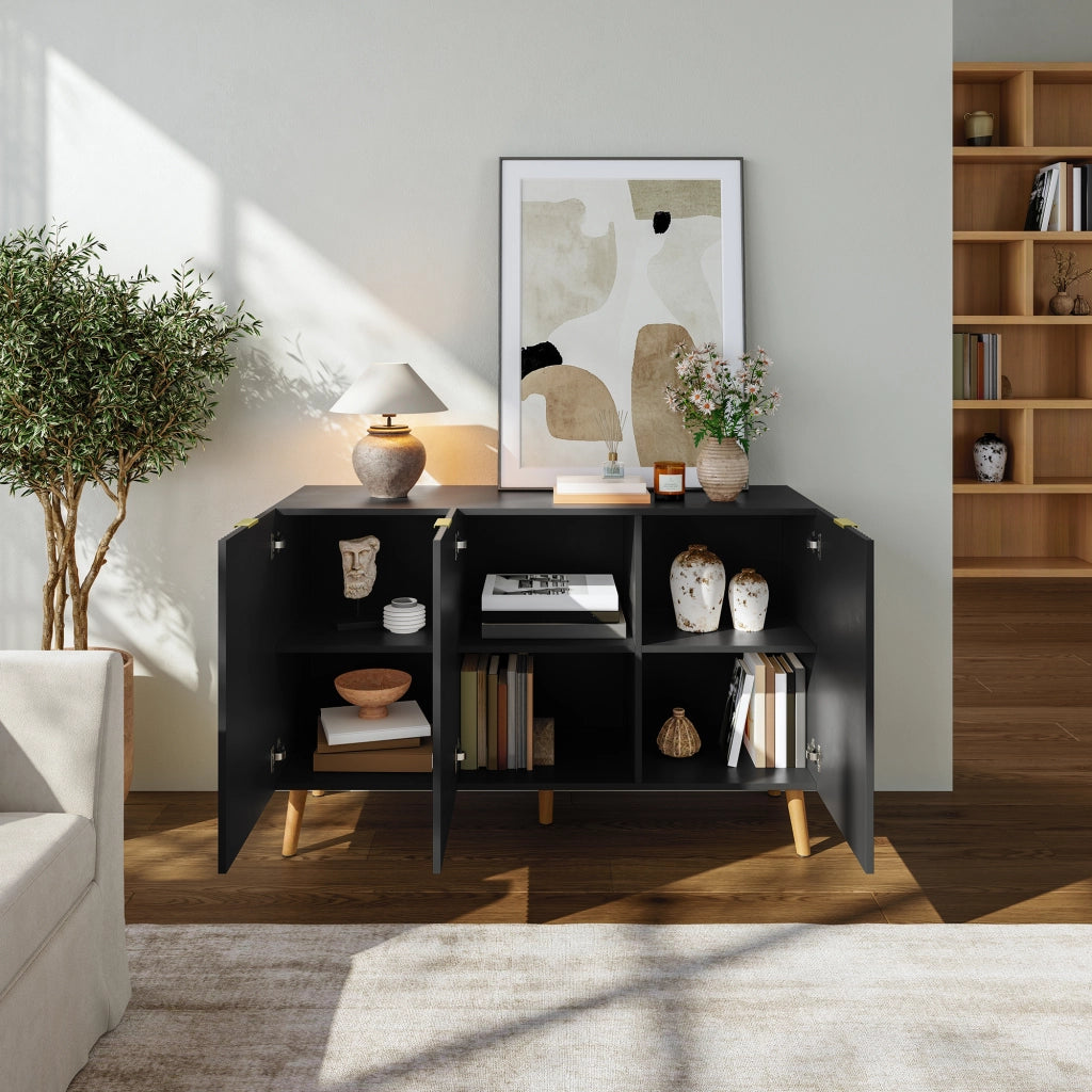 Credenza Nand Madia con 3 Ante Scanalate 120x40x76 cm Nero [en.casa]