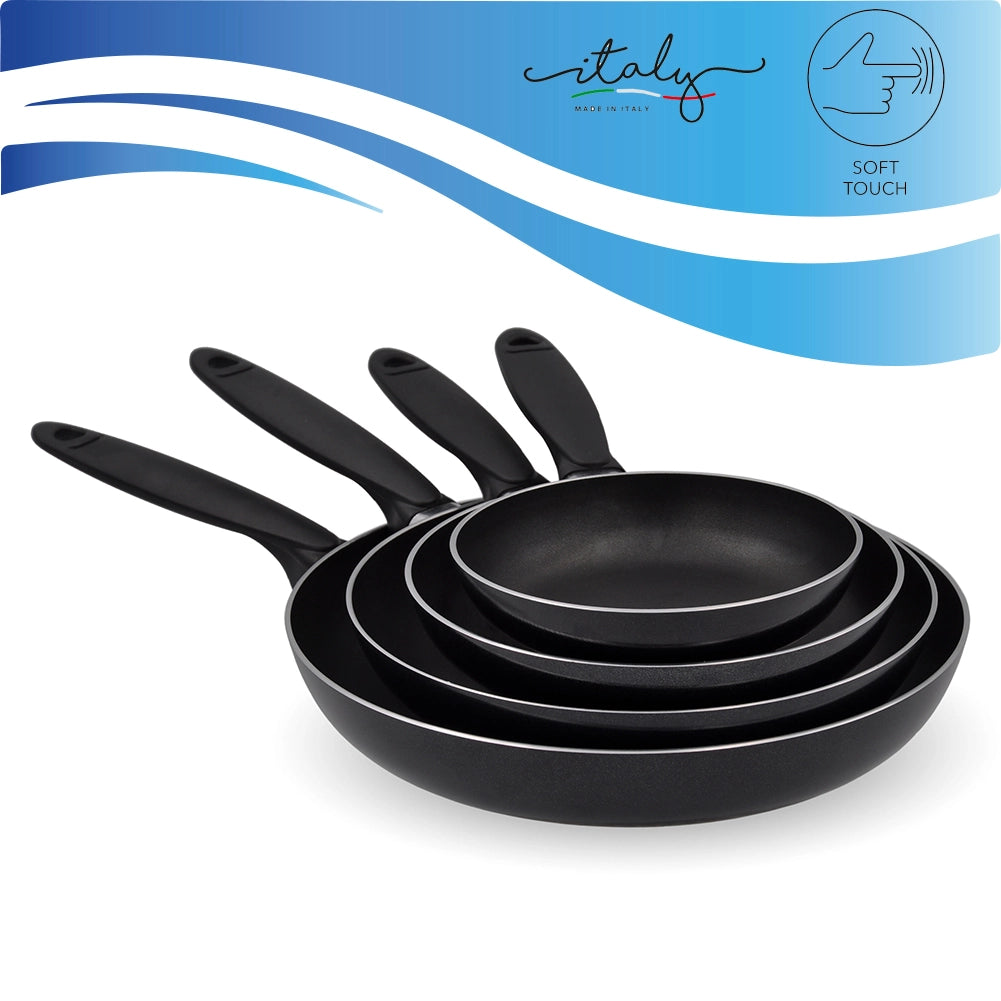 Set 4 Padelle Vulcano 16-20-24-28 cm Fornello Gas Antiaderente Manici Soft Touch