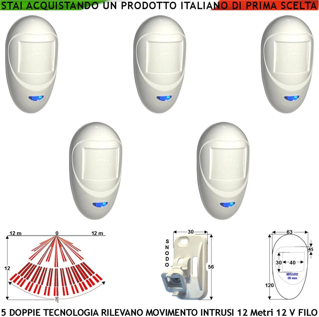 Doppia Tecnologia Grandangolo 5 Sensori di Movimento x Allarme Portata 12 MT da Interno Rilevano Intrusi Alim. 12 V Assorb. 40 mA Lente Infrarosso 18 Fasci su 4 Piani ERS Contenitore Bianco Snodo ABS