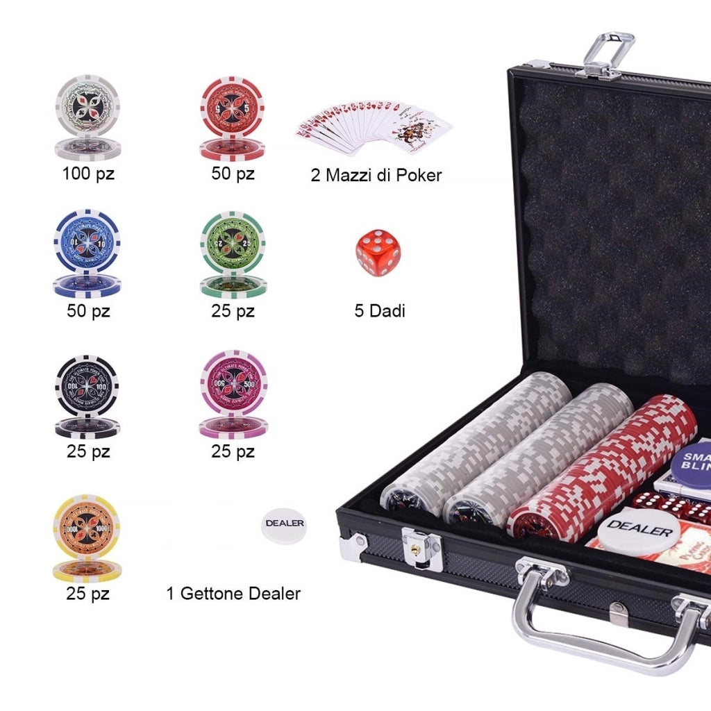 Set poker chips casino con dadi da gioco 300 pz e custodia in alluminio, Set fiches dadi e carte da poker Nero-Fiche e set da poker