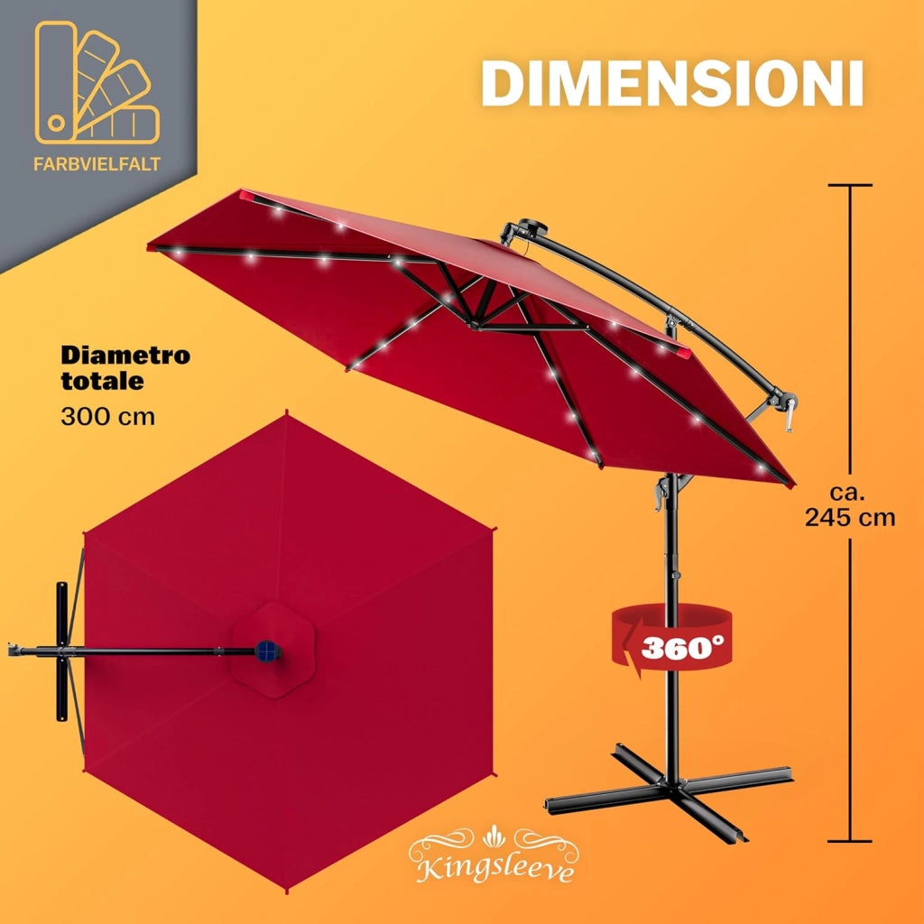 ® Ombrellone da Giardino con LED Ø300cm Parasole Rotondo Decentrato con Manovella Rosso