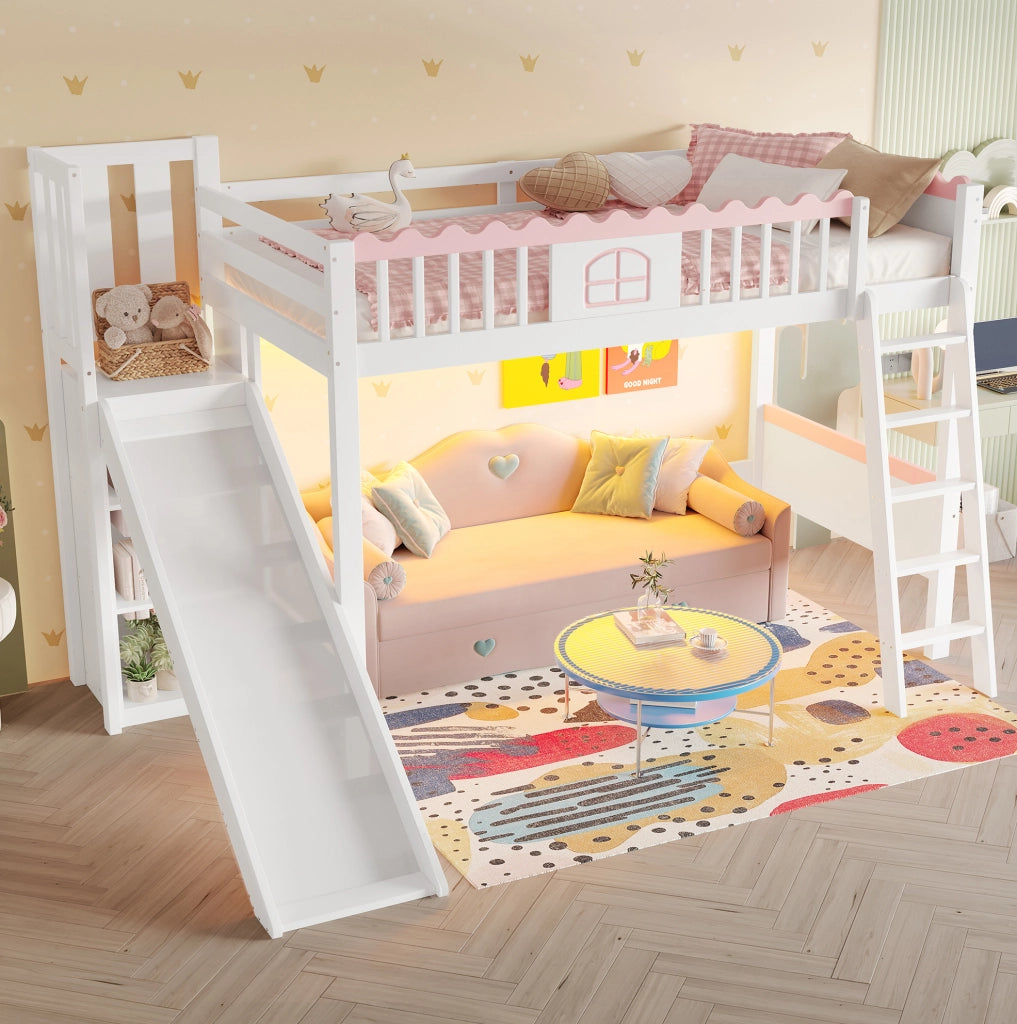 Letto a soppalco per bambini 90x200 cm con scivolo e LED