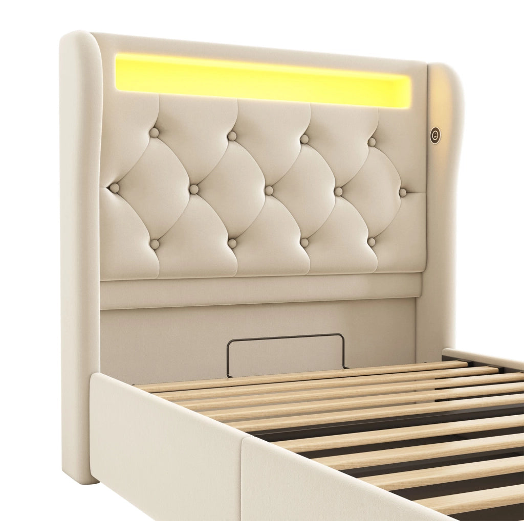 Letto imbottito 90x200 cm beige con LED, ricarica USB-C, vano contenitore e materasso