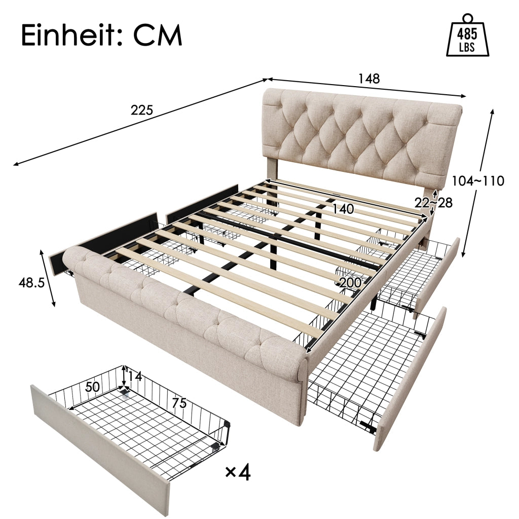 LETTO Contenitore 140x200 cm Natural con 4 cassetti e materasso incluso