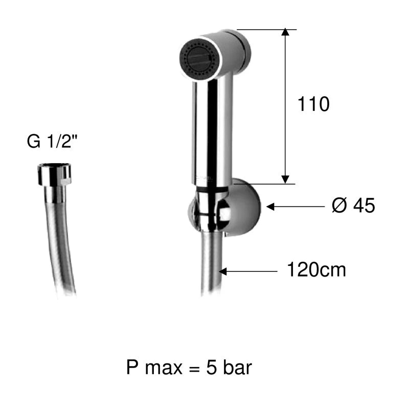 Set doccetta bidet eurolux con doccia a pulsante minimal, flessibile e supporto cromato