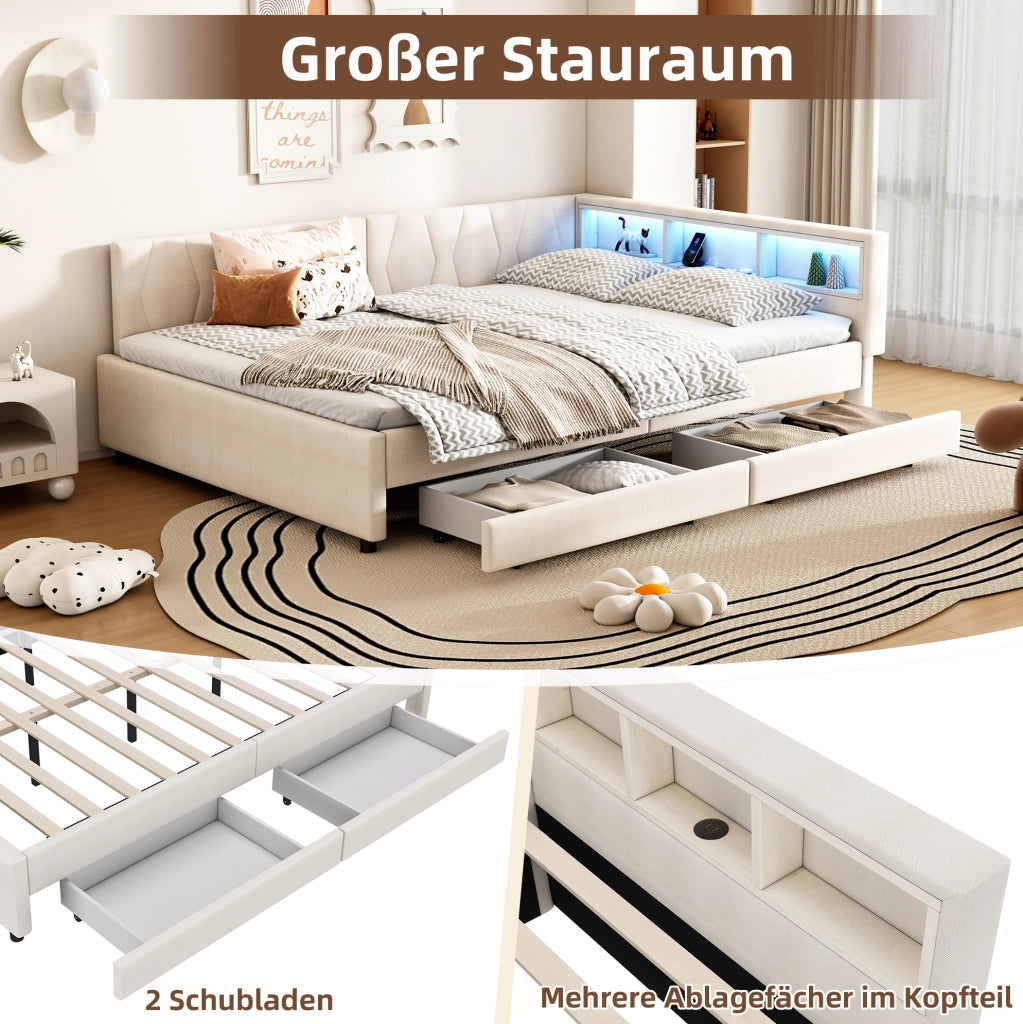 Letto daybed 140x200 cm beige con LED, USB-C e cassetti