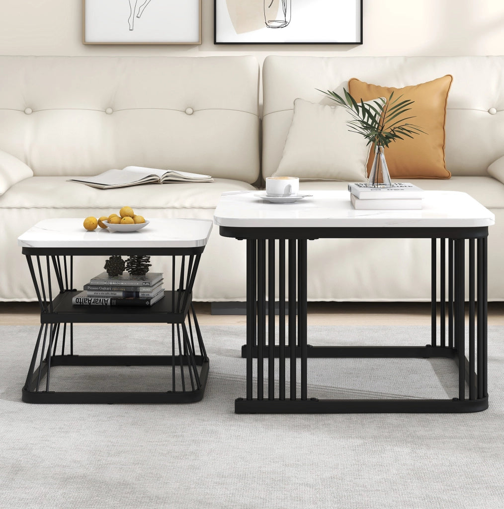 Set di 2 tavolini da salotto moderni in MDF effetto marmo; struttura in acciaio nero; bianco