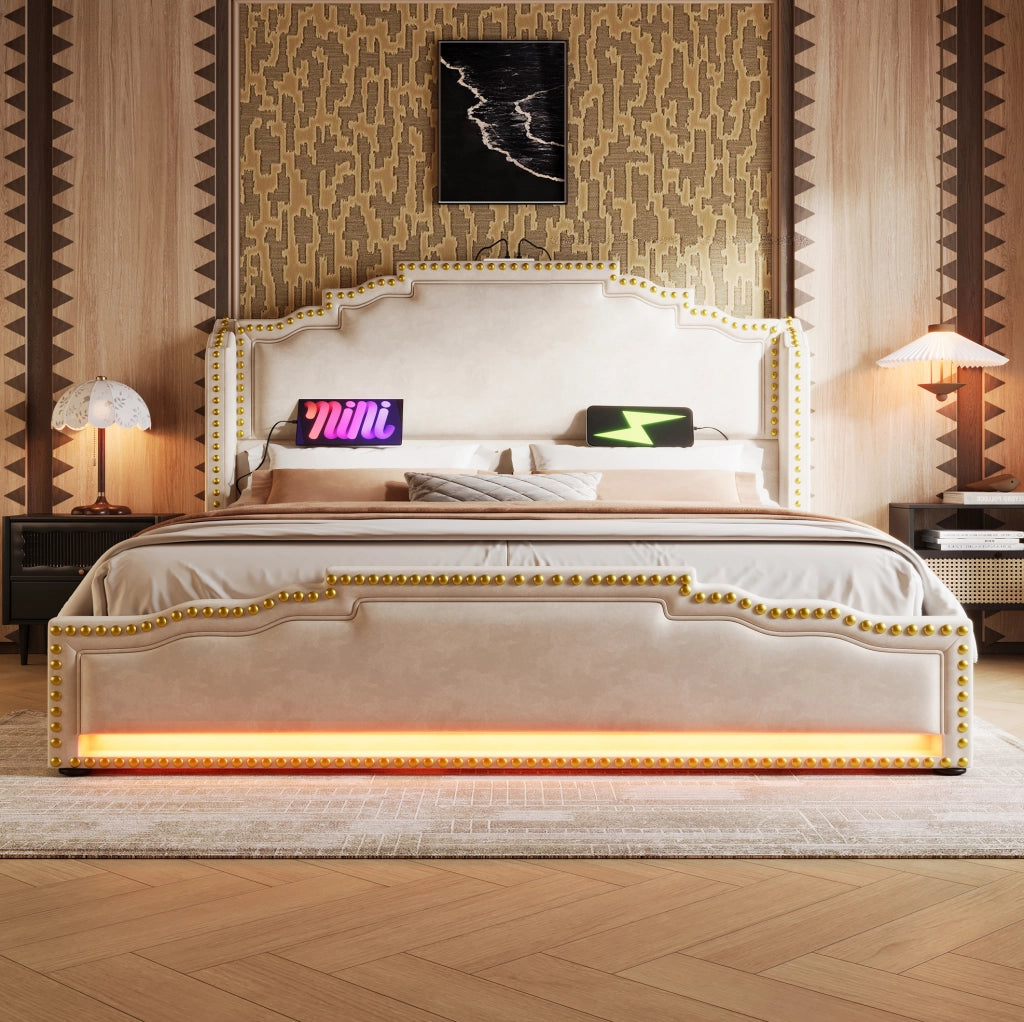 Letto matrimoniale 160x200 cm in velluto beige con LED; porte USB e Type-C; 4 cassetti