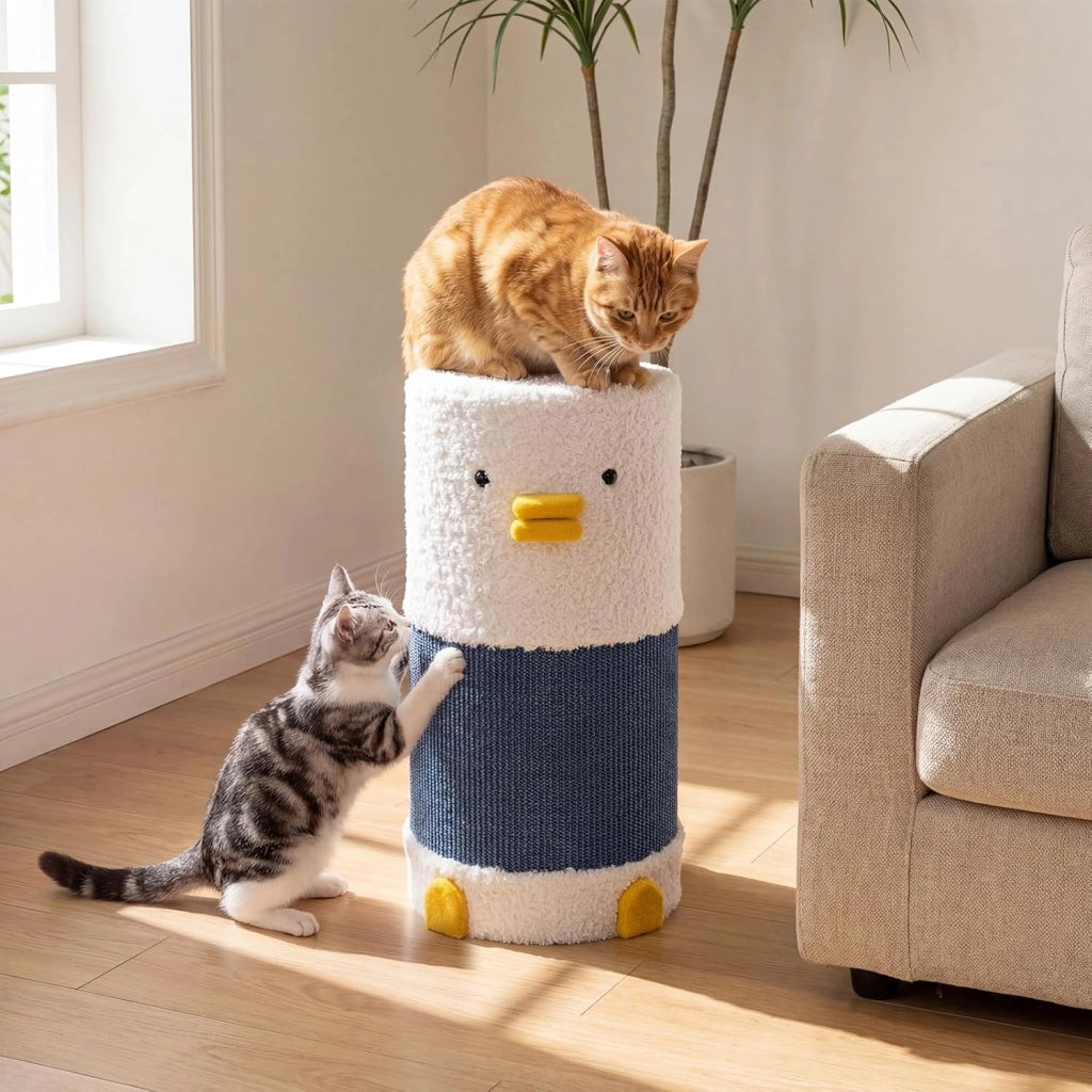 Casa per Gatti da Interno, Cuccia per Catti a 2 Piani con Tappetino in Sisal per Graffiare, Grotta Nascosta, Letto Coperto, Casetta Moderna per Più Gatti, Mobile a Forma di Barile con Anatra