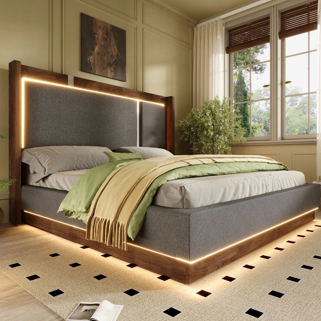 LETTO Matrimoniale 180x200 cm con LED, idraulico, Lino Grigio e Noce