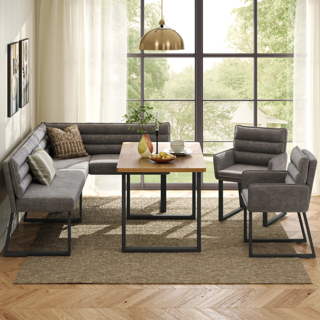 Set da pranzo ad angolo, composto da panca ad angolo e 2 poltrone, in ciniglia, grigio e color naturale