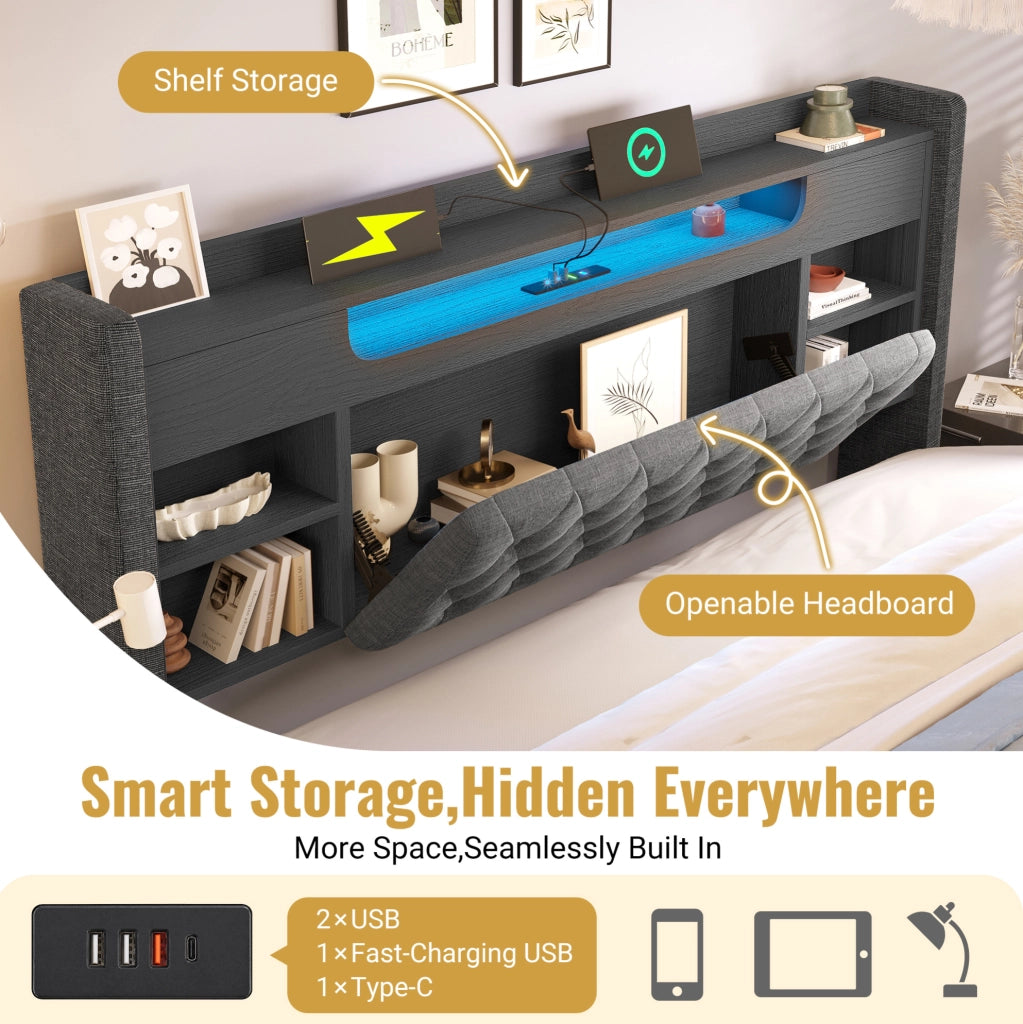 Letto imbottito ULEVR 140x200 cm con contenitore idraulico, LED, USB e Type-C, testiera con ripiani, grigio