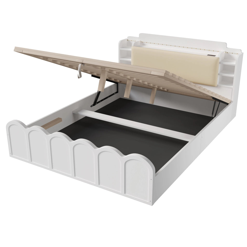 Letto a una piazza e mezza 140x200 cm con contenitore idraulico; LED e porte USB; bianco