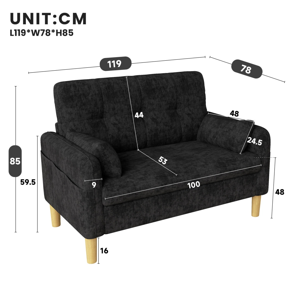 Divano 2 posti compatto 119x78x85 cm in ciniglia grigia con 2 cuscini e tasca laterale