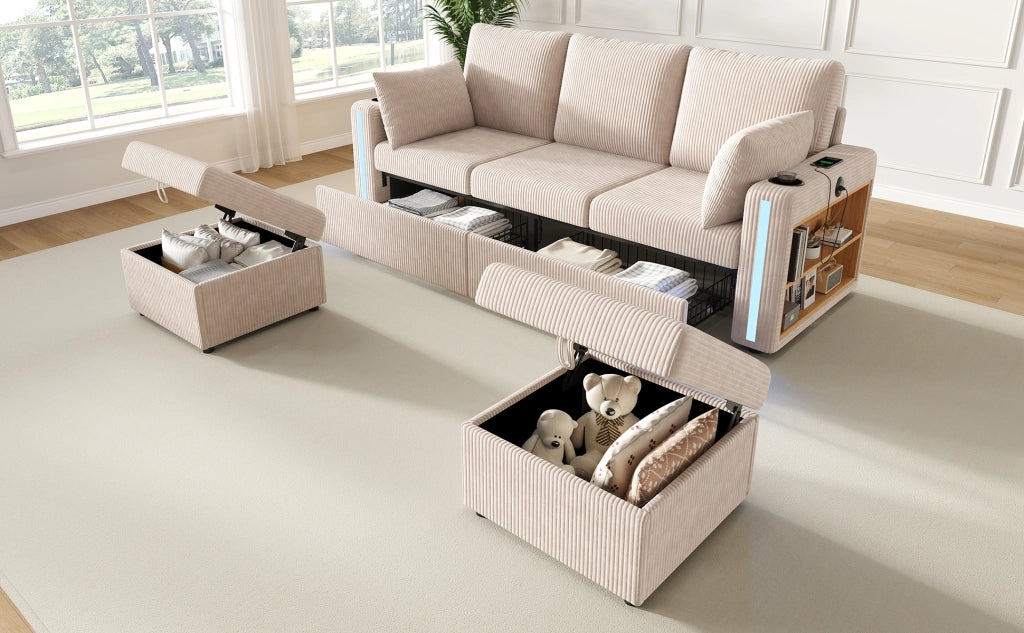 Divano angolare modulare in tessuto a coste con seduta contenitore, LED, USB e porta bicchieri beige