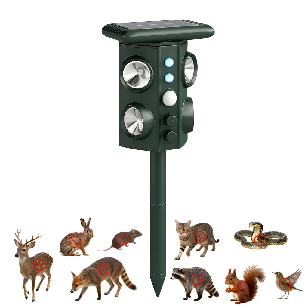 Repellente Solare Ultrasonico per Gatti, 5 Modalit¨¤, Sensore PIR, Flash LED