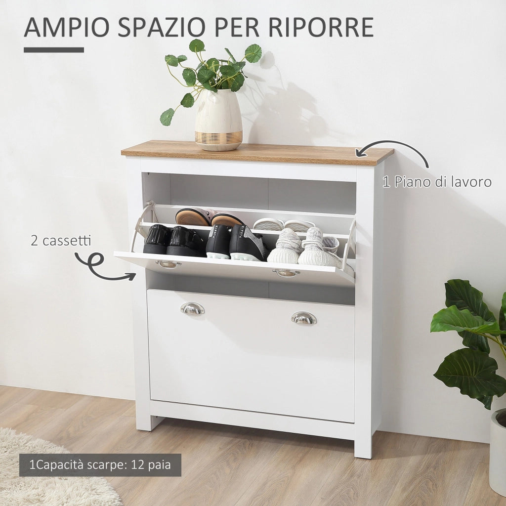 Mobile Scarpiera Slim Salvaspazio 2 Cassetti a Ribalta 12 Paia di Scarpe 79x23x90,5 cm Bianco