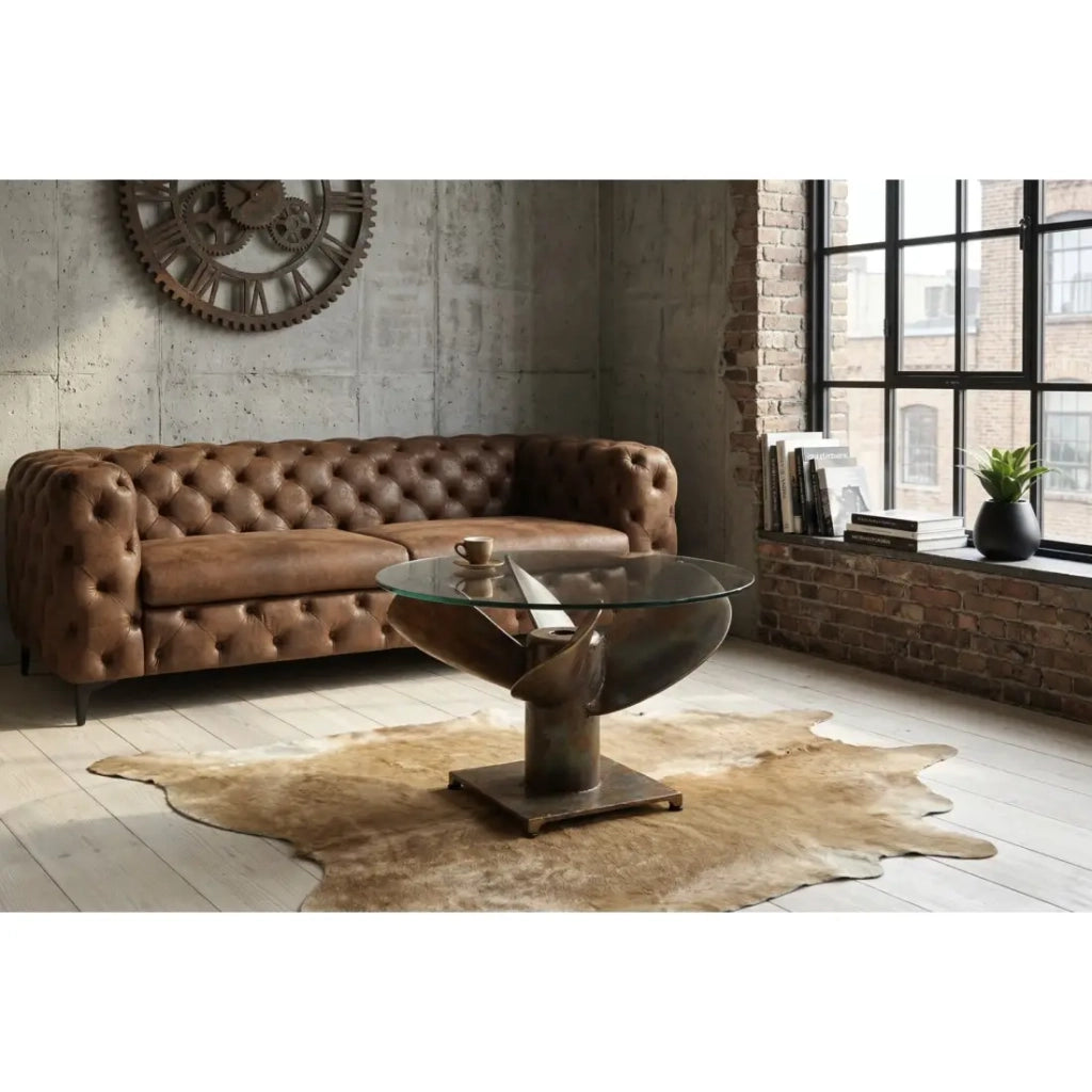 Tavolino ALUMIA rotondo 60 cm in vetro temperato e alluminio finitura rame – design industriale elica