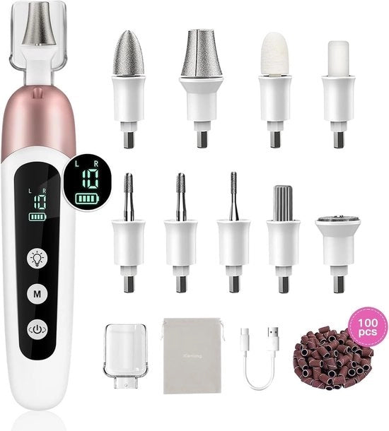 Vijilatrice Elettrica a Batterie – Set di Manicure e Pedicure 9-in-1 con LED, 10 Velocità – Bianco