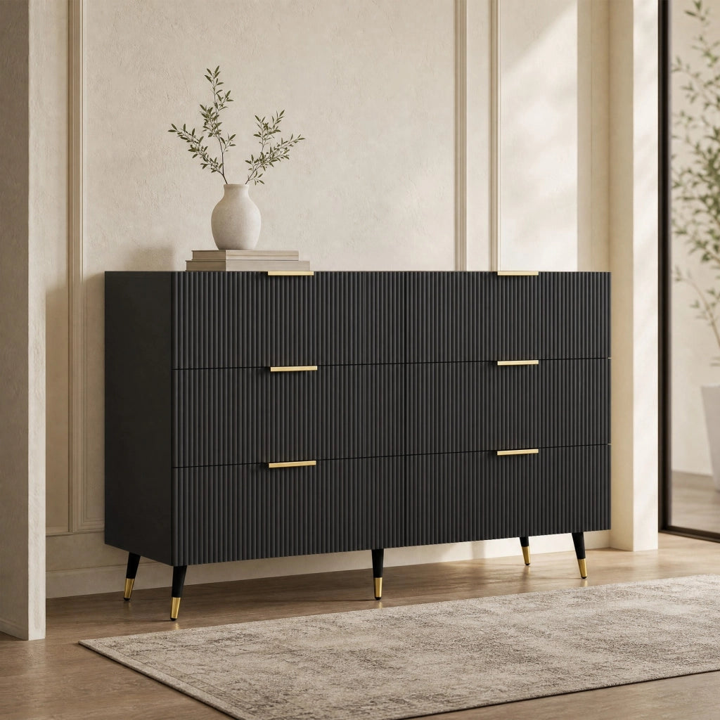 Credenza moderna con 6 cassetti 120x40x77 cm in truciolare nero e oro