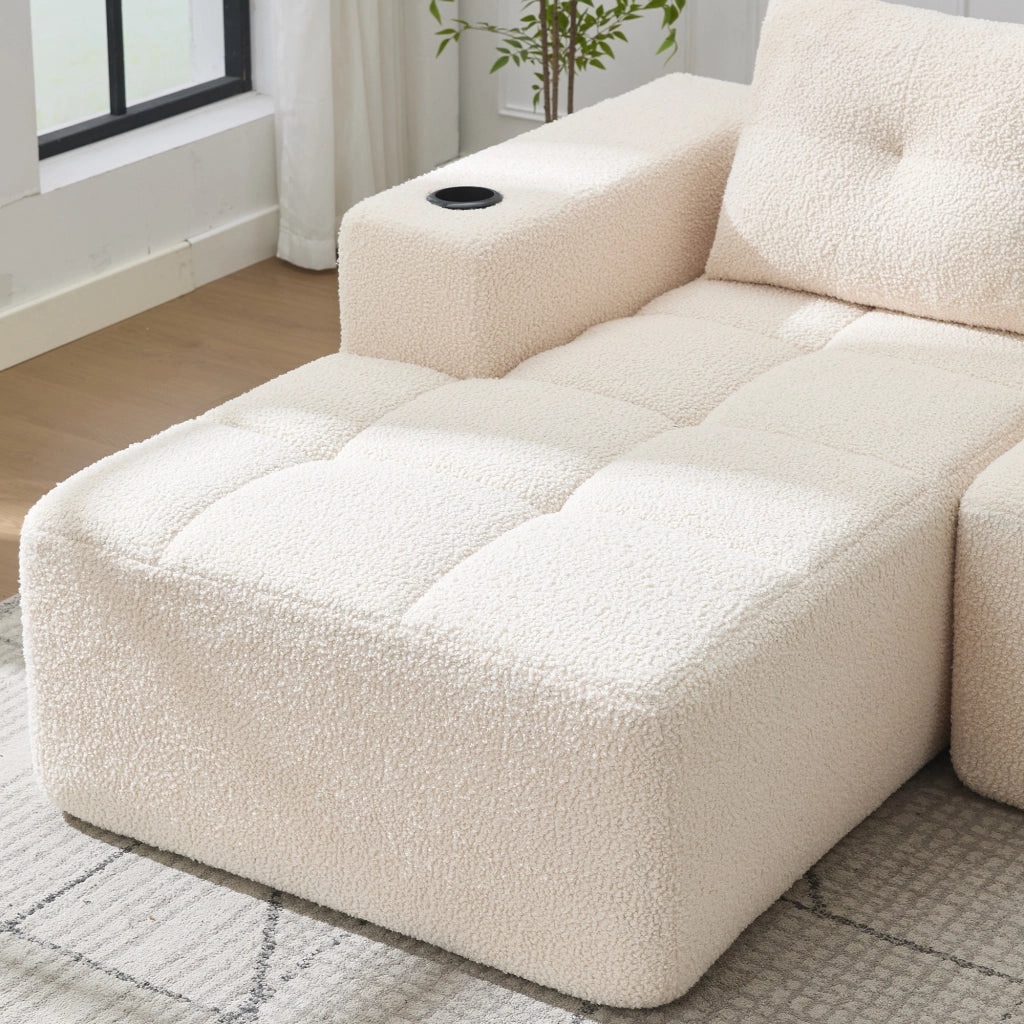 Divano ad angolo 4-5 posti con portabicchieri in poliestere beige 258 cm