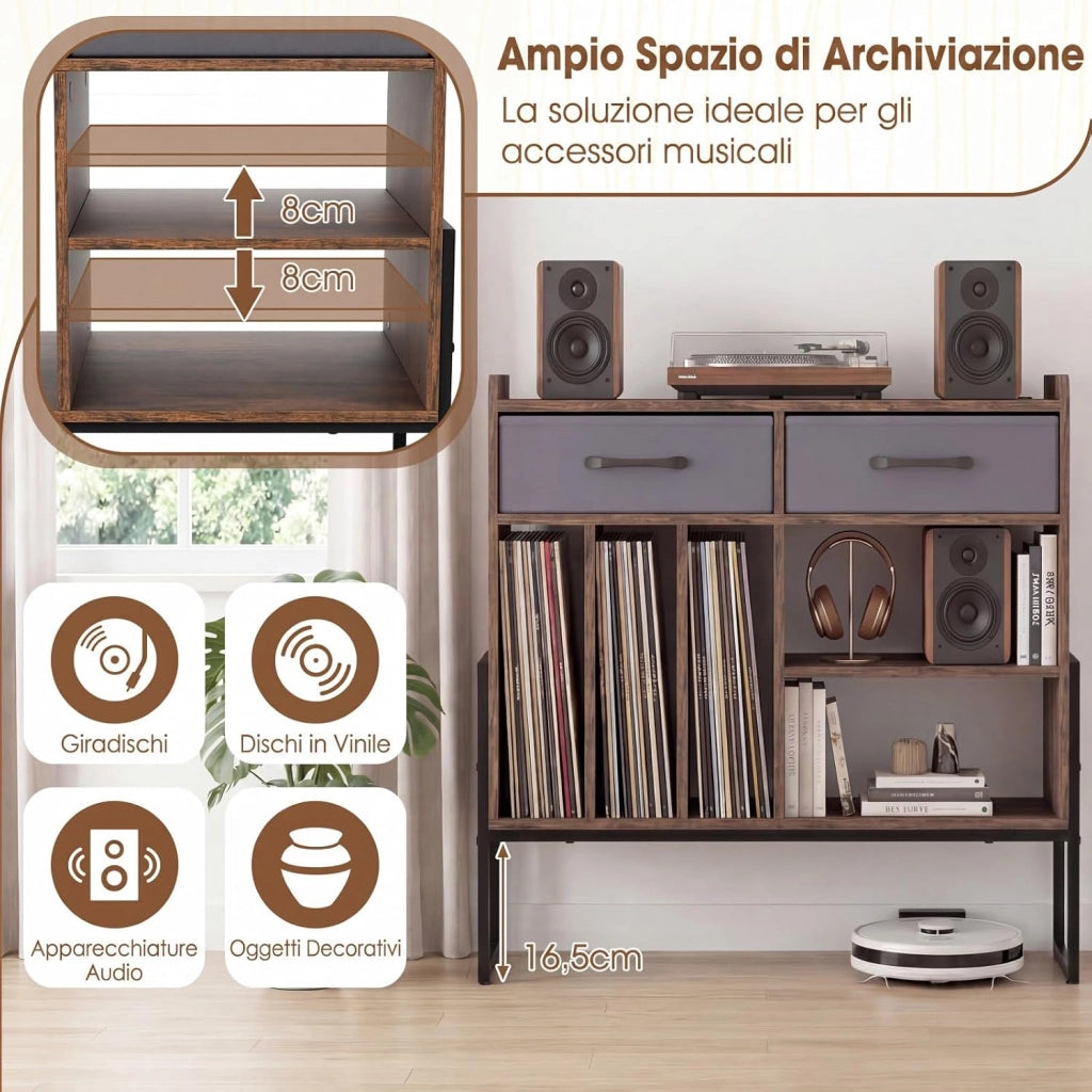 Supporto per Giradischi in Vinile, Mobile per Giradischi con Stazione di Ricarica, 2 Cassetti Rimovibili in Tessuto e Ripiano Regolabile, Supporto Porta Dischi Vinile per Soggiorno, Studio