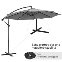 Ombrellone da Esterni 3x2.5 m Decentrato con Manovella, Struttura in Acciaio e Poliestere Anti-UV, Grigio