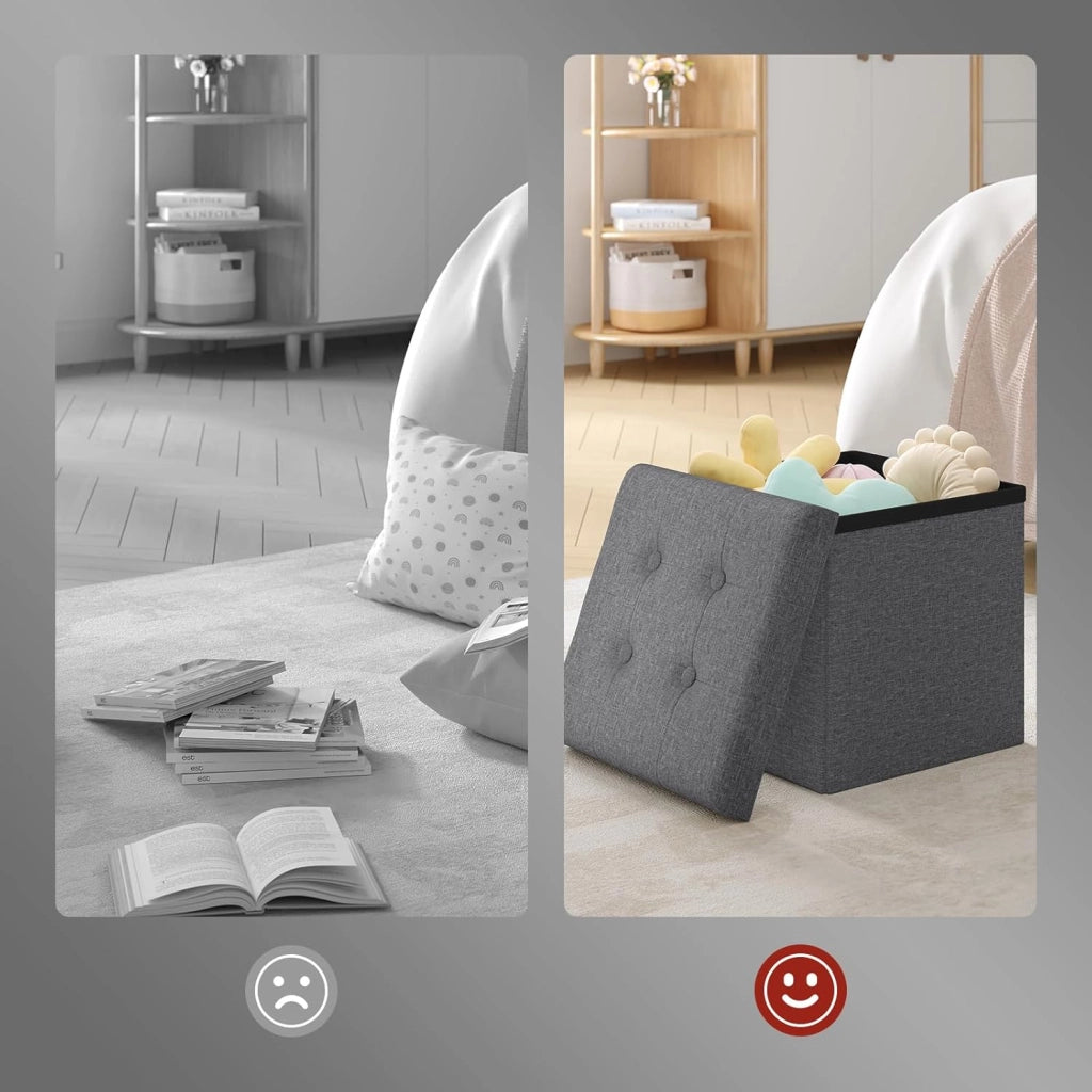 Pouf con Contenitore, Puffo Pieghevole con Coperchio, Poggiapiedi Divano, Cubo Seduta con Ripiano, per Soggiorno o Camera da Letto, 30x30x30 cm, Grigio Scuro