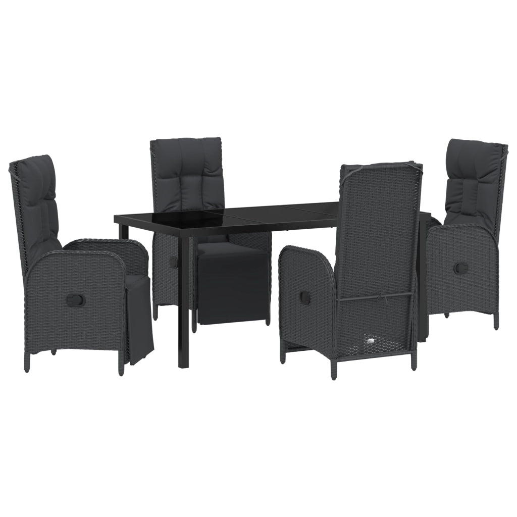 Set da Pranzo Giardino 5 Pezzi con Cuscini Nero Polyrattan