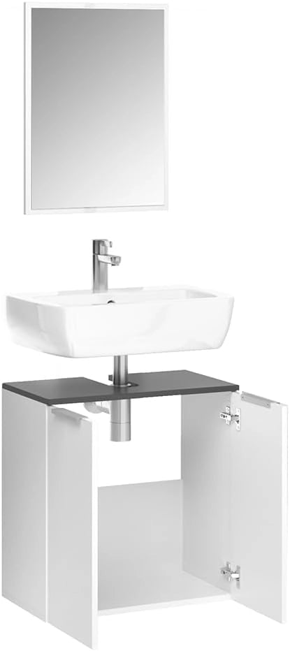 Set mobili bagno Otis, Bianco, 58 cm, composto da specchio da bagno e mobile sottolavabo