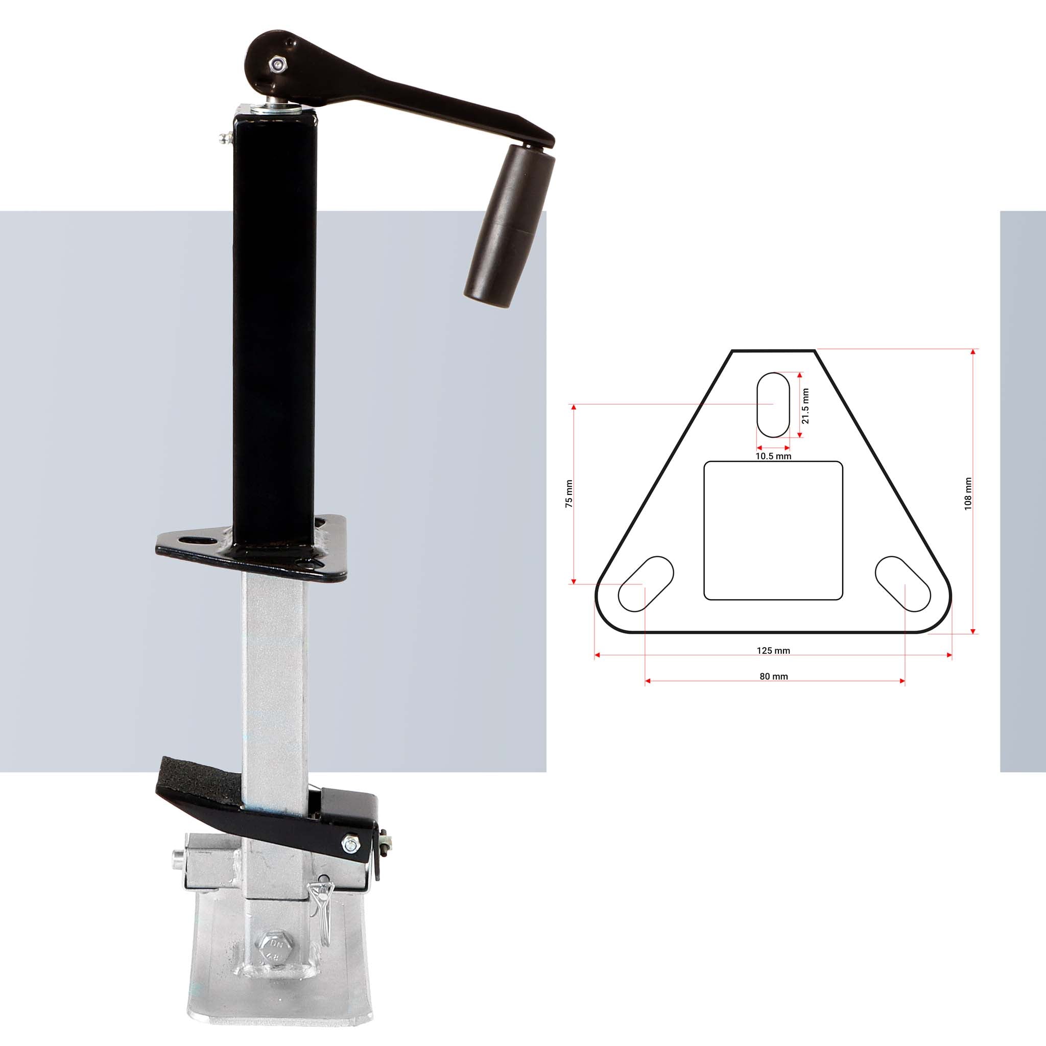 Piede stabilizzatore per rimorchi roulotte, max 900 kg, regolabile in altezza con manovella, con pedale e perno di sicurezza