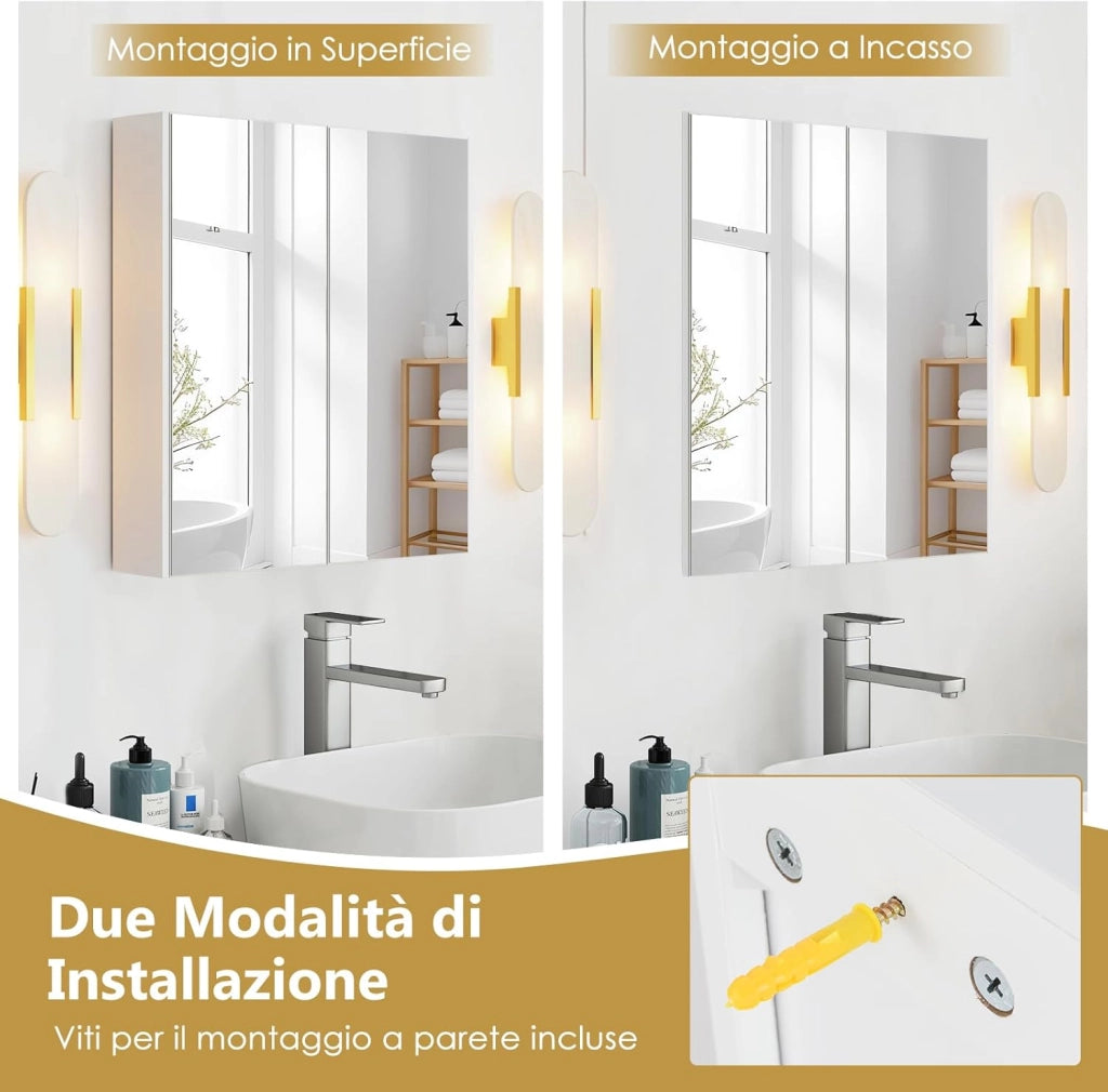 Armadietto da Bagno con Specchio a 2 Ante, Mobiletto da Parete Pensile con Mensola Regolabile, Mobile Bagno Sospeso con Specchiera 65 x 62 x 11 cm, Bianco