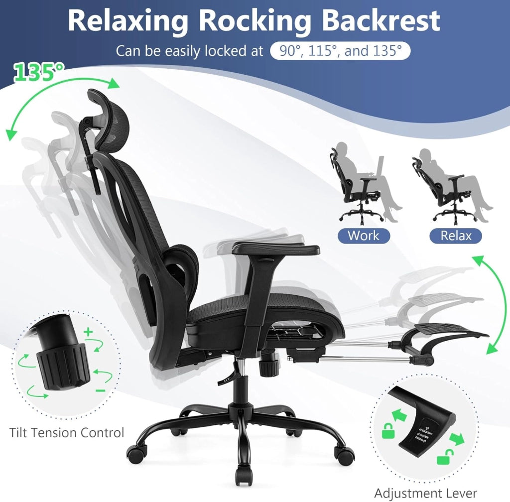 Sedia da ufficio girevole con 5 ruote, schienale reclinabile e altezza regolabile, poggiapiedi retrattile, supporto lombare e poggiatesta, sedia da gaming in rete ergonomica (nero)