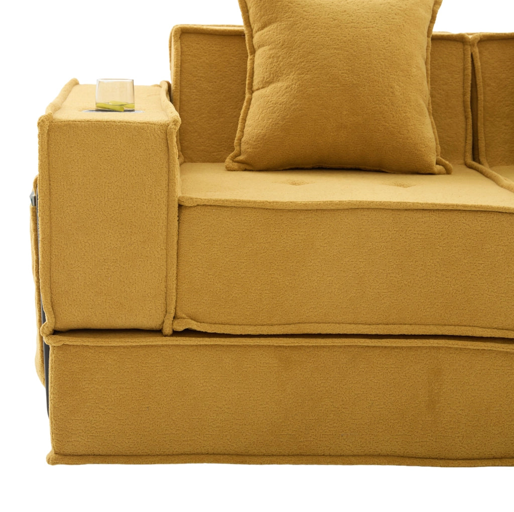 Divano pouf modulare in ciniglia giallo senape con tasche laterali