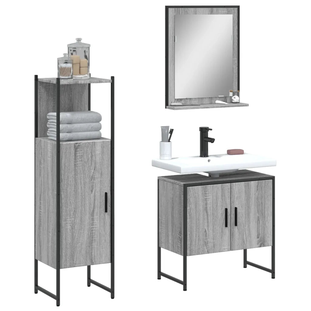 Set Mobili da Bagno | Armadio da bagno 3 pz Grigio Sonoma in Legno Multistrato